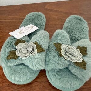 Joyfolie Green Fuzzy Slippers with Floral Design
